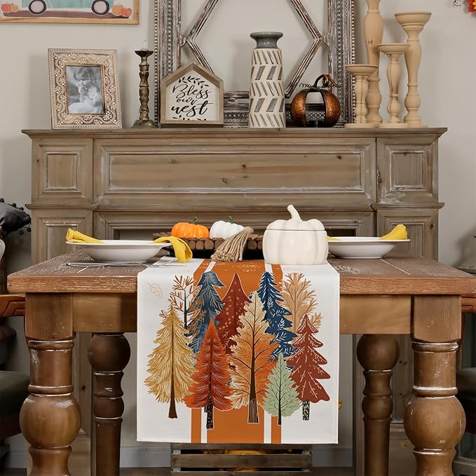 GEEORY Fall Watercolor Trees & Maple Leaves Striped Table Runner 13x48 Inch - Image 3