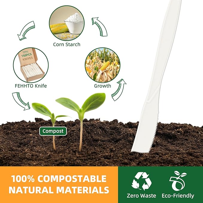 100% Compostable Knives, 7.7" 150pcs Large Disposable Cornstarch Cutlery Heavy - Image 3