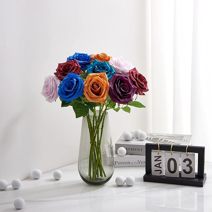 Teal Artificial Rose 10pcs Open Flower Bouquet Faux Rose Stems Turquoise Blue - Image 6