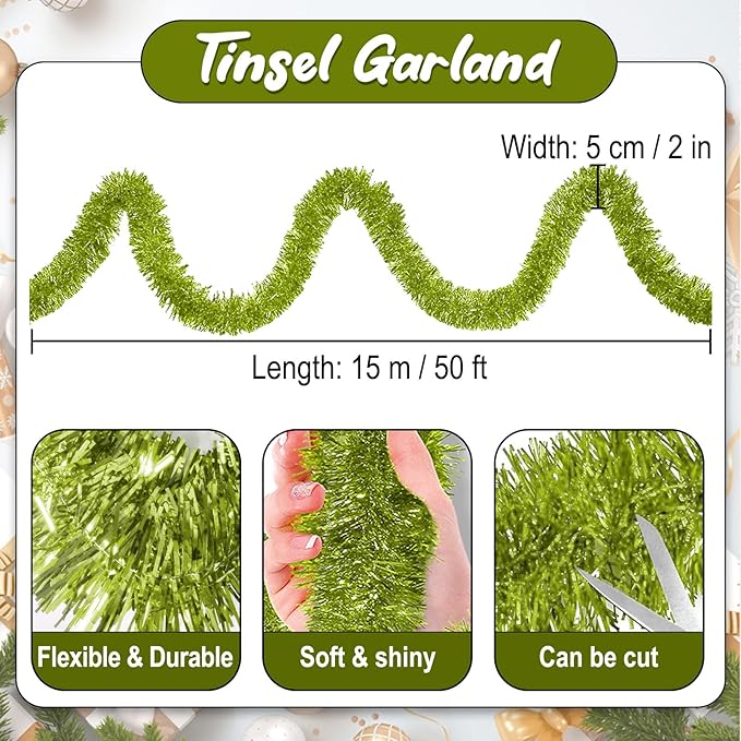 50 Feet Light Green Christmas Tinsel Garland, Metallic Foil Twist Banner Wall - Image 2