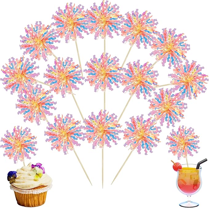Ephlyn 30Pcs Foil Firework Cupcake Toppers Happy Birthday Cake Toppers Tinsel by Ephlyn