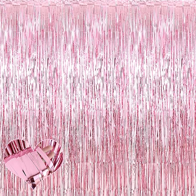4 Pack Pink Fringe Curtain Backdrop, 3.2Ft x 6.6Ft Metallic Tinsel Foil Fringe by Mebiornt