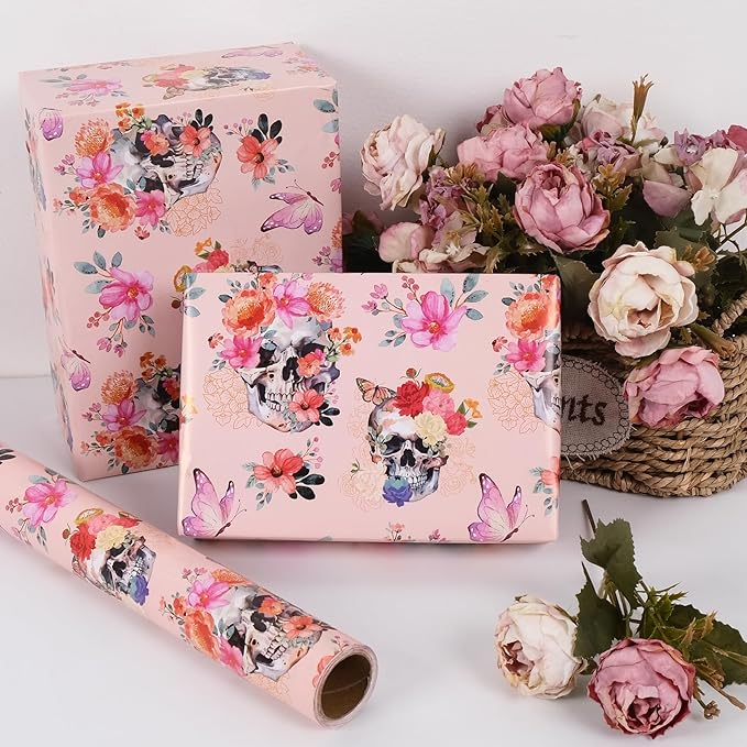 Aimyoo Gothic Wrapping Paper Roll, 17 Inch X 33 Feet Skull Floral Butterfly - Image 5
