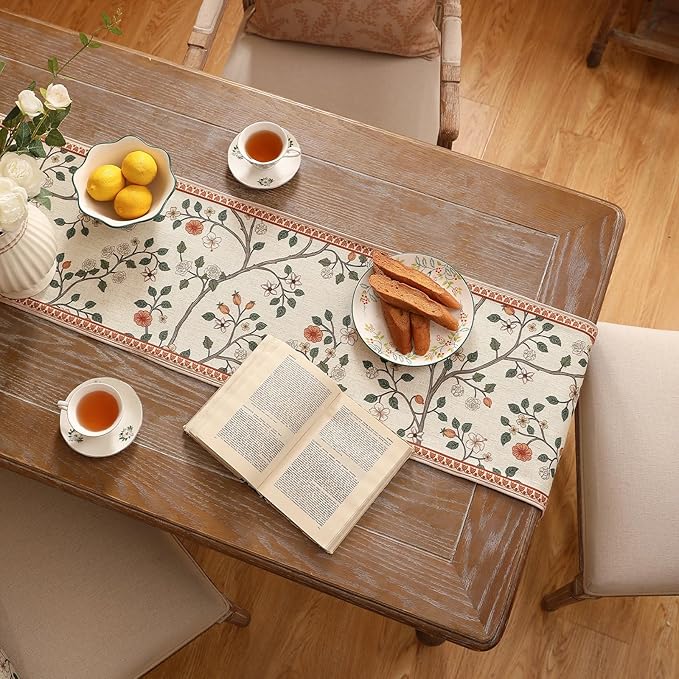 ISAENNE Designer Elegant Linen Floral Table Runner 87 Inches Long, Farmhouse - Image 7