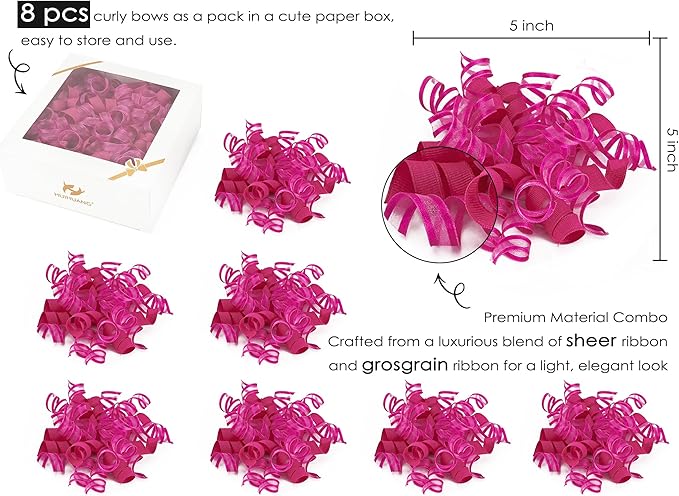 HUIHUANG Hot Pink Bows for Gift Wrapping Curly Gift Bow 5 inch x 8 Counts - Image 3