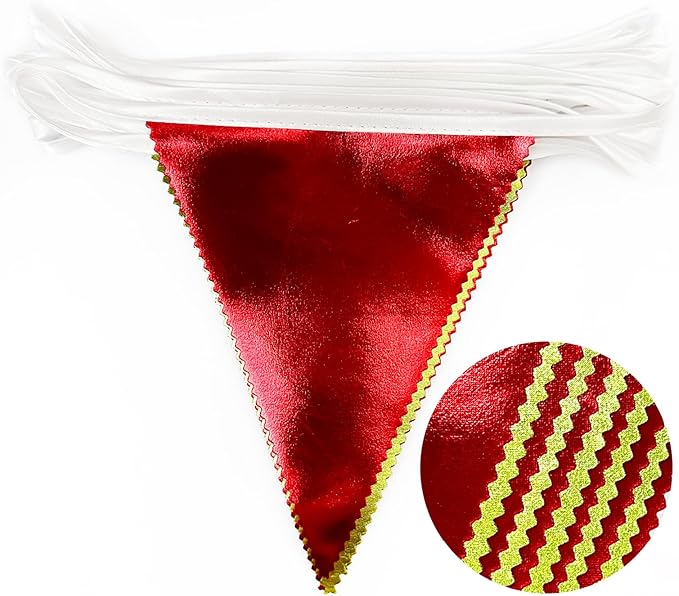 Red and Green Metallic Fabric Triangle Pennant Banner Flag Bunting Garland - Image 3