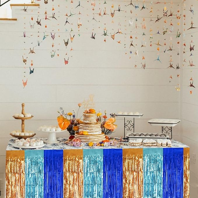 BEISHIDA 2 Pack Orange Blue Light Blue Table Skirts Party Decorations Metallic - Image 6