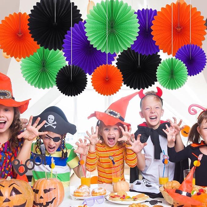 MotiMind 24 Pcs Halloween Paper Fans Party Decorations Black Orange Purple - Image 5