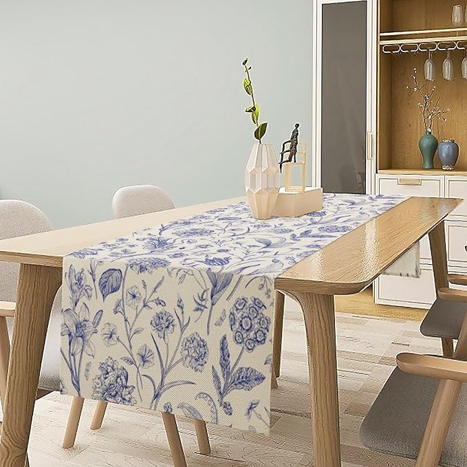 Monochrome Sketch Flowers Table Runner, Seasonal Spring Fall Plants Blue - Image 2