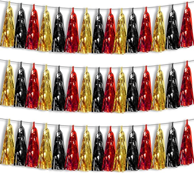 3P Black-Red Gold Foil Fringe Metallic Tassel Garland, Tassels Banner Streamers by HYSILLA