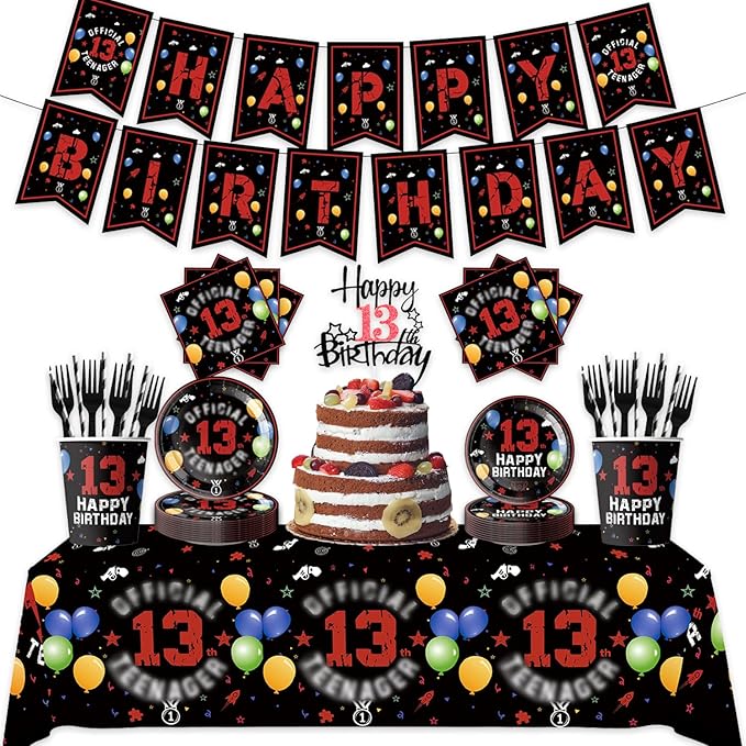 123pcs 13th Red and Black Party Decorations, Happy Birthday Banner Flags Paper by Egami