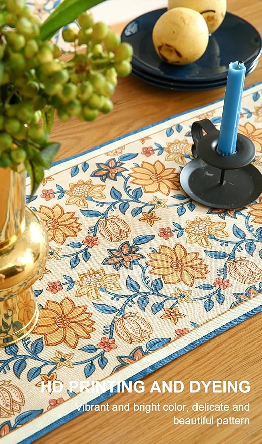 ISAENNE Designer Bohemian Elegant Linen Table Runner 71 Inches Long, Floral - Image 4