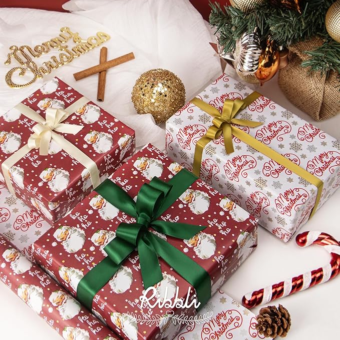 Ribbli Christmas Wrapping Paper Reversible Vintage Santa and Merry Christmas - Image 5