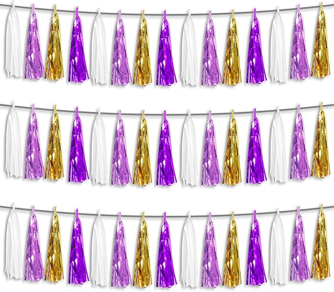 3P Purple-Gold Party Decoration Tassel Garland, Tassels Banner Streamers by HYSILLA