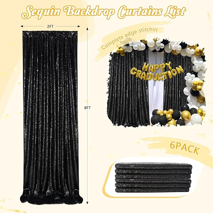 Sequin Backdrop Black Curtain 6 Panels 2ftx8ft Sparkly Party Background Drape - Image 2