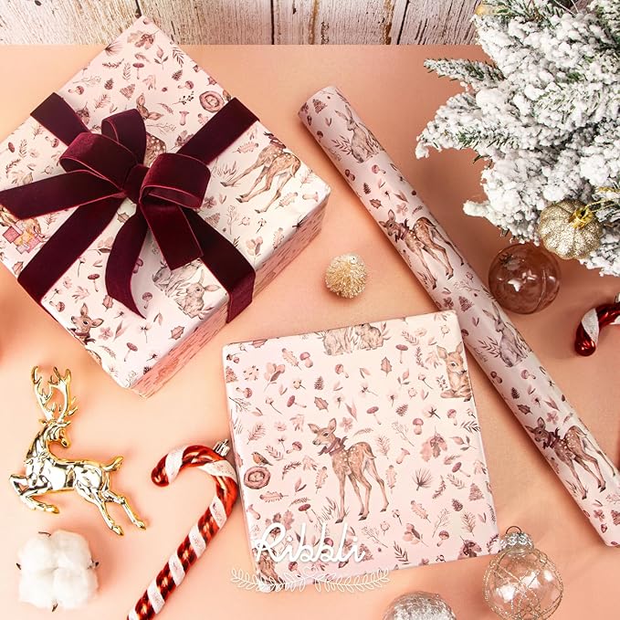 Ribbli Pink Christmas Wrapping Paper Rolls, Mini Roll-17 Inch x 33 - Image 4