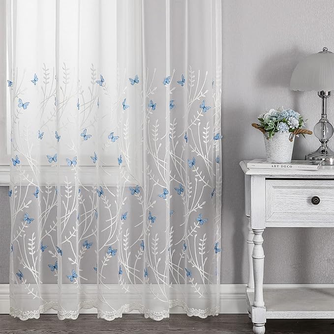 VISIONTEX White Sheer Voile Curtains, Decorative White Embossed Butterflies Rod - Image 6