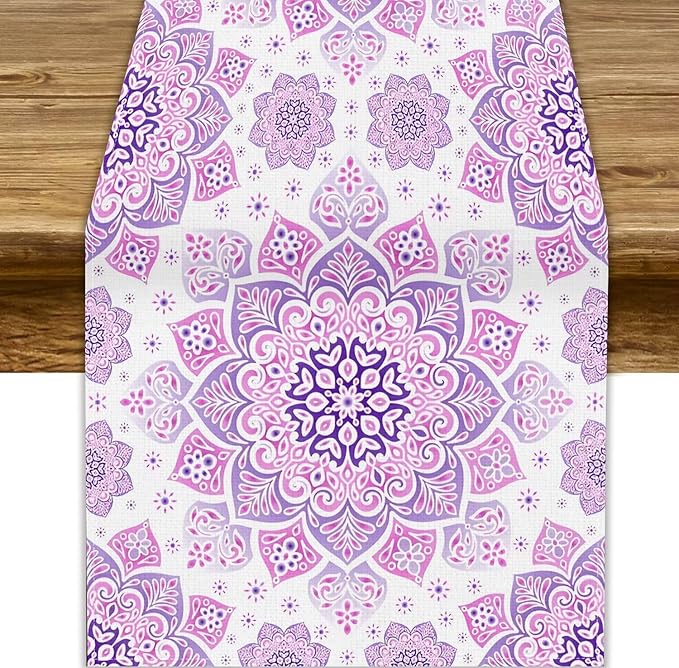 Purple Pink Mandala Table Runner, Traditional Indian Boho Mandala Flowers Print by JanJCurt