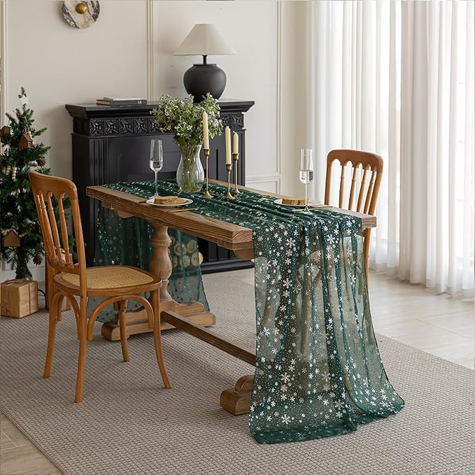 Silvery Snowflake Metallic Print Tulle Christmas Table Runner, Seasonal Winter - Image 9
