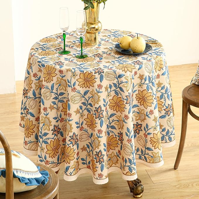 ISAENNE Designer Bohemian Floral Small Round Tablecloth, Linen Colorful Table - Image 8