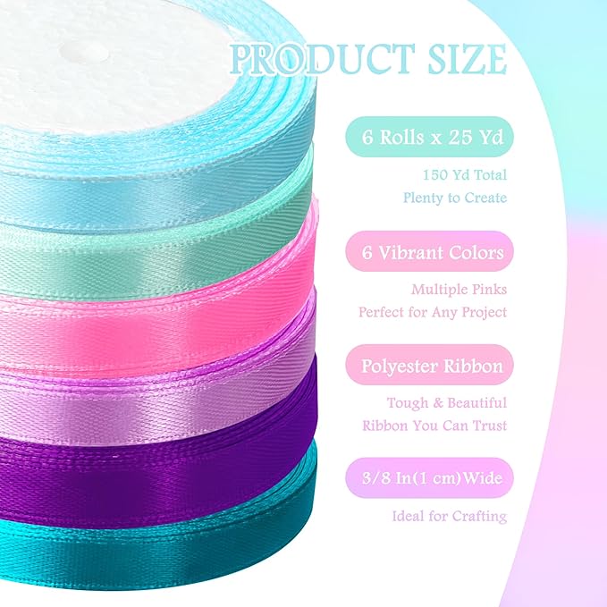 3/8" 6 Colors X 25 Yards Pink Green Blue Satin Ribbon, 150 Yards Assorted - Image 2