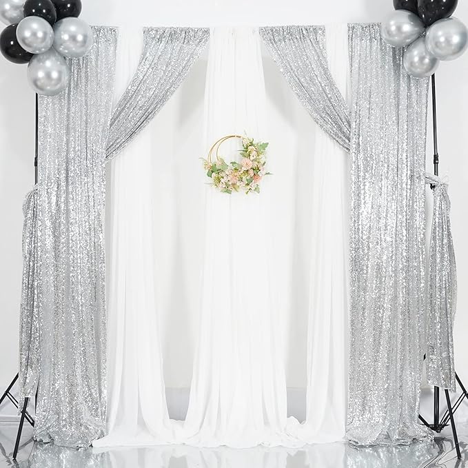 Poise3EHome Silver Sequin Backdrop Curtains, 4 Panels 2FTx8FT Glitter Background - Image 5