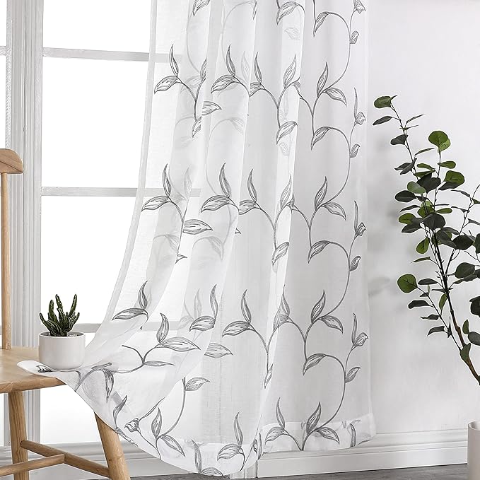 VISIONTEX Sheer Curtains 95 Inch Length 2 Panels, Decor Iron Grey Vine Leaves - Image 6