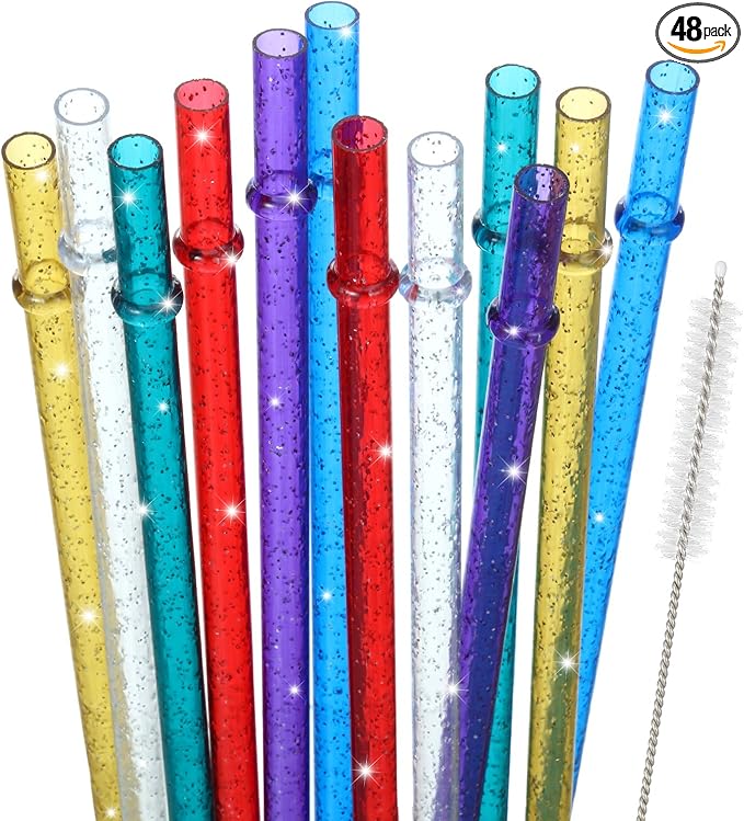 48 Pcs Plastic Straws with Team Bride Flags Reusable Glitter Drinking Straw by Boao