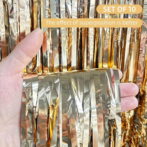 10 Pack Champagne Gold Backdrop Curtain 3.2ft x 8.2ft Metallic Tinsel Foil - Image 2