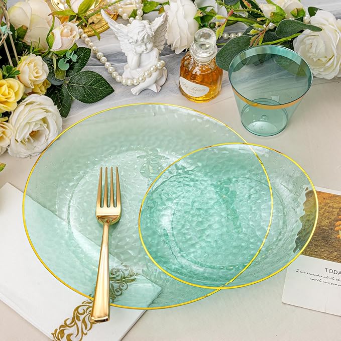 Rubtlamp 175 Pcs Green Plastic Plates Dinnerware Set, Hammered Plates Sets - Image 3