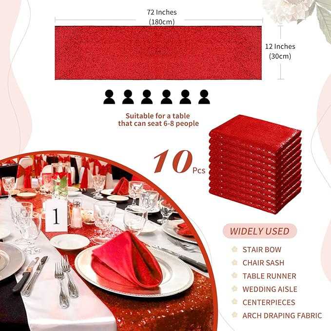 Red Table Runner 10 Packs 12x72 Inch Sequin Table Runners Sparkly Table Runner - Image 2