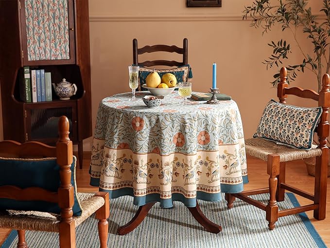 patdrea Designer French Linen Blue Round Table Cloth, Vintage Floral Tablecloth - Image 5