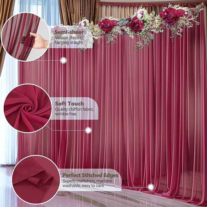 10ft x 10ft Burgundy Backdrop Curtains, Wrinkle-Free Sheer Chiffon Fabric Photo - Image 4