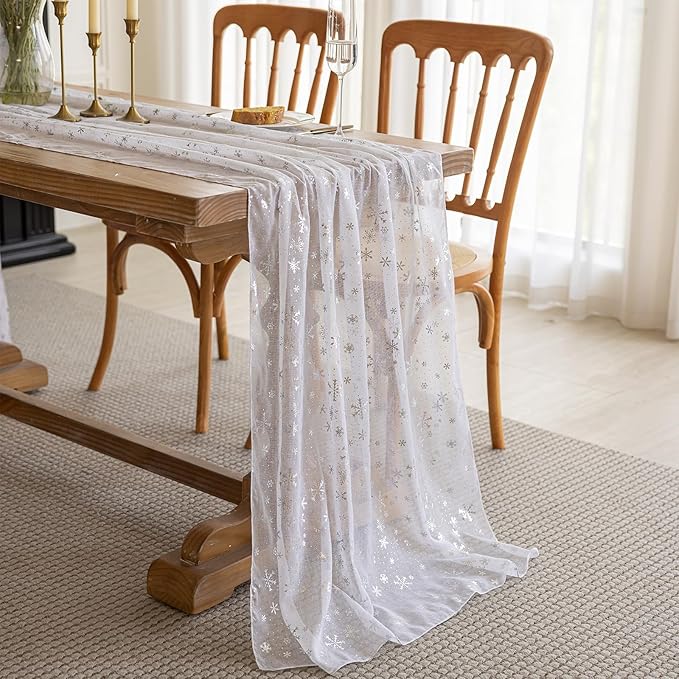 Silvery Snowflake Metallic Print Tulle Christmas Table Runner, Seasonal Winter - Image 6