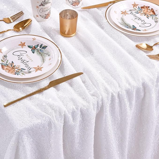 QueenDream Sequin Tablecloth 90 x132 Inch White Rectangle Tablecloth Glitter - Image 2