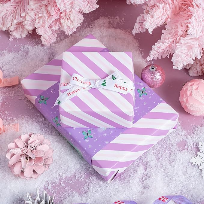 LeZakaa Christmas Purple Wrapping Paper Mini Roll, Christmas Tree Butterfly - Image 5