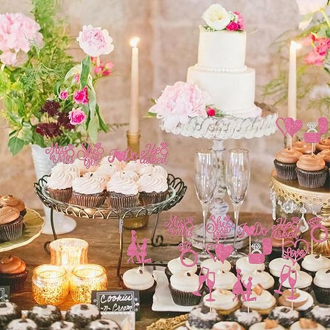 30 PCS He Asked She Said Yes Cupcake Toppers Glitter Engagement Cupcake Toppers - Image 5