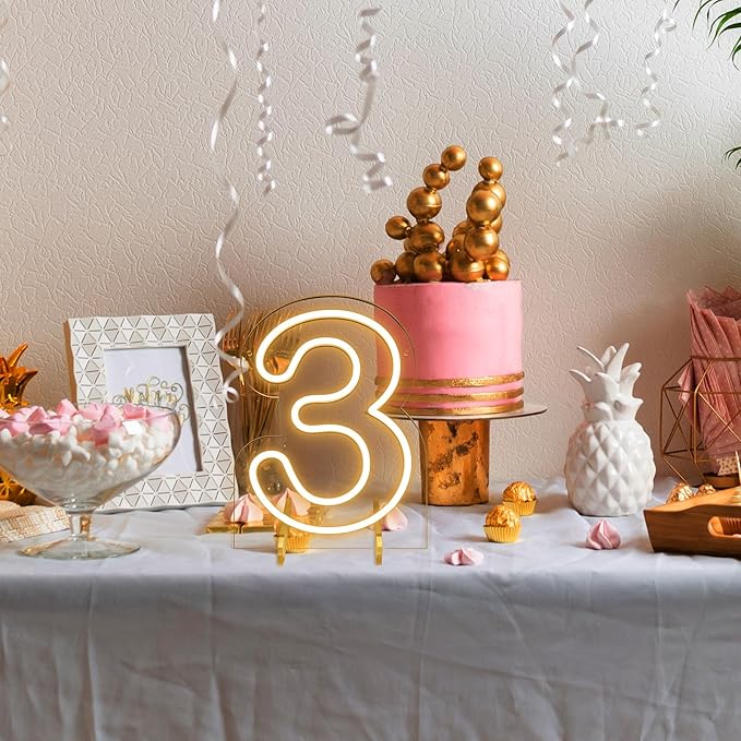 Number 3 LED Neon Sign Backdrop Birthday Party Decoration, 11.3" Height Warm - Image 5