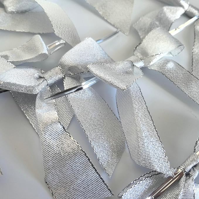 50pcs 3-1/2" Metallic Silver Glitter Ribbon Bows - Image 9