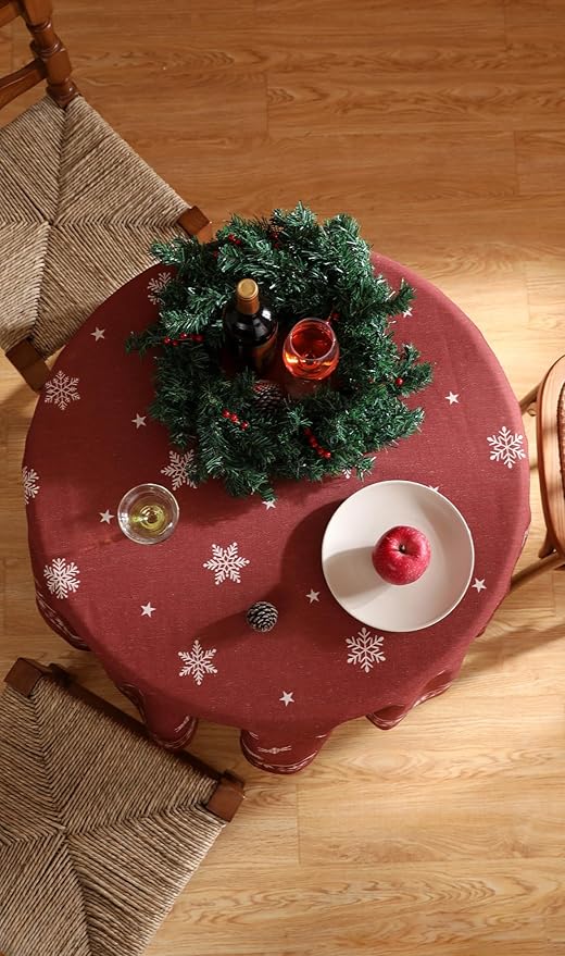 ISAENNE Designer Christmas Red Small Round Tablecloth, Linen Table Cloth - Image 7