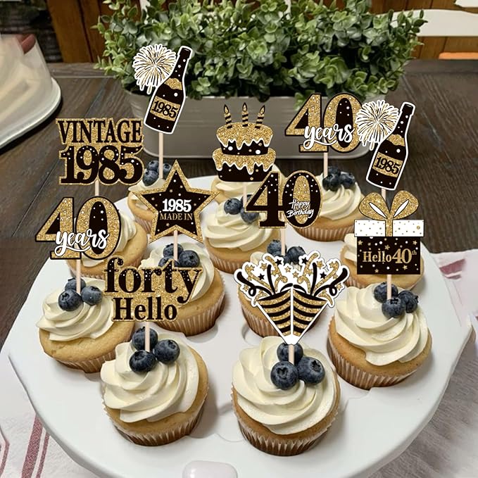 36PCS Happy 40th Birthday Cupcake Toppers Double Sided Black Gold Forty Hello - Image 4