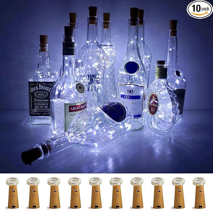 Wine Bottle Lights with Cork, 10 Pack Battery Operated LED Cork Shape Silver by LoveNite