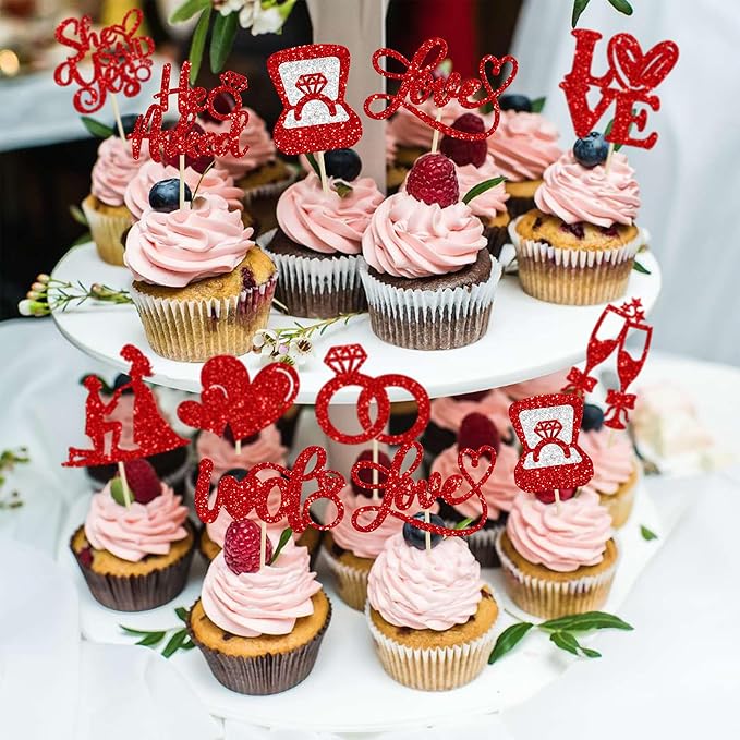Ephlyn 30Pcs He Asked She Said Yes Cupcake Toppers Glitter Engagement Cupcake - Image 5