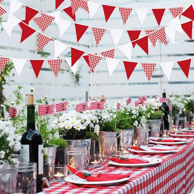 32Ft Red Party Decorations Red Plaid Checkered White Triangle Flag Gingham - Image 4