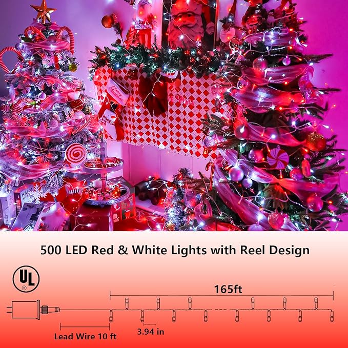 YEGUO 165ft 500 LED Red and White Christmas Lights Outdoor Waterproof, 8 Modes - Image 2