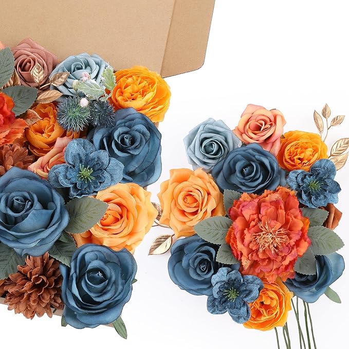 AmyHomie Teal Orange Artificial Flowers Combo Silk Mix Peony Rose Fake Flowers - Image 8