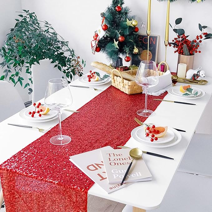 Red Table Runners 10 Packs 12x108 Inch Glitter Sequin Table Runners - Image 2