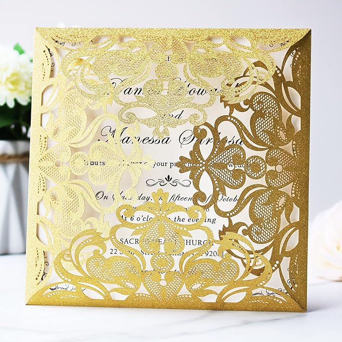 Hosmsua 50PCS Personalized Gold Laser Cut Wedding invitation Cards - Image 2