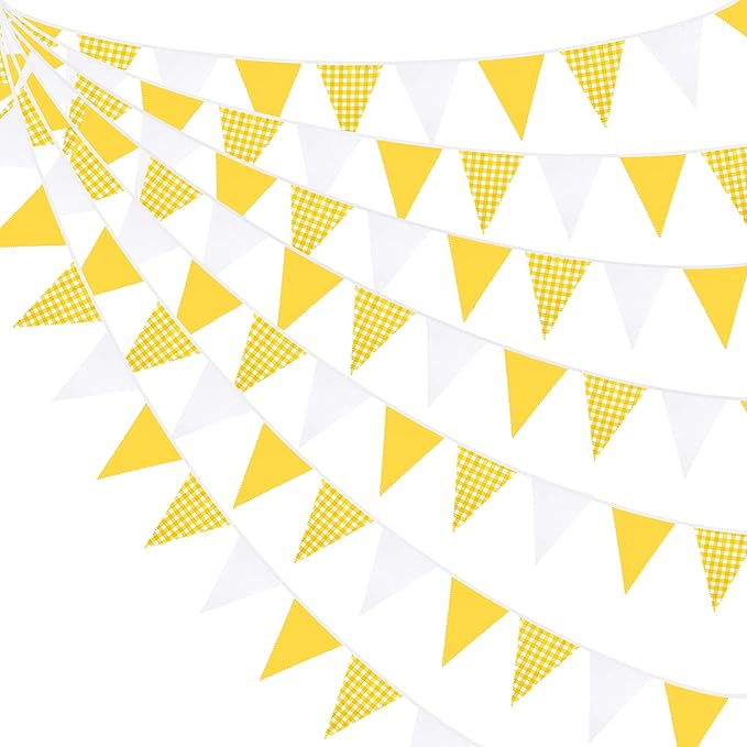 32Ft Yellow Plaid Checkered White Pennant Banner Fabric Gingham Triangle Flag by pinkblume