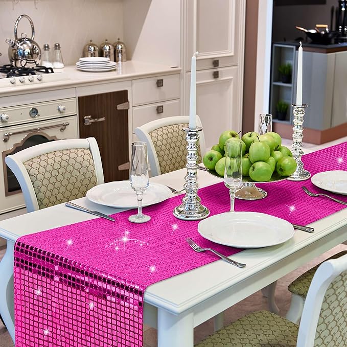 Durony 6 Pack Disco Table Runner 11 x 108 Inch Mirror Hot Pink Glitter Foil - Image 7